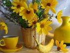 Żółta, Porcelana, Koszyk, Żółte, Kwiaty