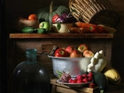 Stół, Owoce, Warzywa, Kosz, Butelki