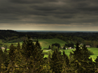 Panorama, Las, Łąka, Wieś, Chmury