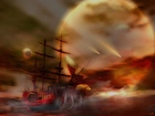 Obraz, Statek, Mgła, Księżyc