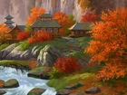Japońska, Pagoda, Rzeka, Jesień, Malarstwo