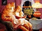 Kot, Dziewczynka, Książka, Fotel
