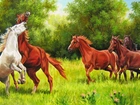 Konie, Łąka, Drzewa, Natalie Portman