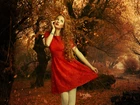 Kobieta, Czerwona, Sukienka, Jesień, Liście