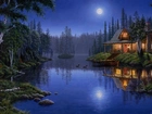 Dom, Jezioro, Las, Noc, Księżyc, Mark Daehlin