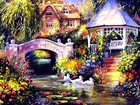 Dom, Altanka, Most, Rzeka, Kwiaty