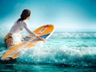 Kobieta, Morze, Fale, Surfing