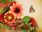 Jesienne, Kwiaty, Motyl, Art