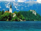 Kościół, Zamek, Jezioro, Góry, Bled, Słowenia