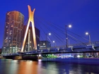 Tokio, Japonia, Rzeka, Most, Wieżowce, Zmrok