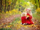 Jesień, Drzewa, Liście, Mały, Chłopiec, Dziewczynka, Wianek