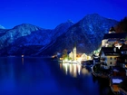Austria, Hallstatt, Góry, Noc, Światła, Zima