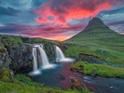 Wodospad, Rzeka, Góry, Zachód Słońca, Mostek, Islandia