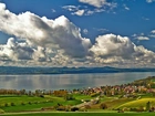 Panorama, Miasteczka, Neuchatel, Jezioro, Łąki