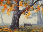 Rysunek, Jesień, Drzewa, Liście, Ławka