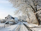 Droga, Śnieg, Domy, Drzewa