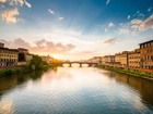 Rzeka, Most, Domy, Promienie, Słońca, Florencja, Włochy