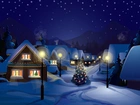 Boże Narodzenie, Grafika, Wieś, Śnieg, Choinka, Latarnie, Ulica, Noc