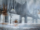 Obraz, Most, Zakochani, Parasol, Deszcz