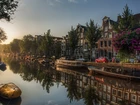 Amsterdam, Kanał, Barki, Domy, Drzewa
