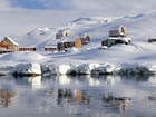 Grenlandia, Wioska, Domy, Góry, Morze, Śnieg, Odbicie