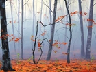 Jesień, Las, Drzewa, Liście, Mgła, Reprodukcja
