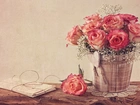 Kompozycja, Dekoracja, Bukiet, Róże, Listy