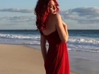 Kobieta, Modelka, Czerwona, Sukienka, Plaża, Morze, Chmury