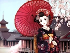 Kobieta, Gejsza, Kimono, Parasol, Japonia, Manga, Anime