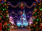 Disneyland, Zamek, Świąteczny Wystrój, Miasto Nocą