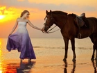 Kobieta, Sukienka, Koń, Morze, Zachód, Słońca