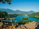 Jezioro, Góry, Drzewo, Ławka, Bled, Słowenia