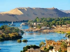 Egipt, Aswan, Domy, Rzeka, Pustynia, Łódki, Drzewa