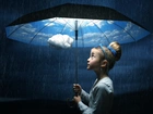 Dziewczynka, Obłoki, Deszcz, Parasol