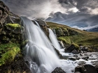 Wodospad, Skały, Chmury, Islandia
