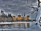 Zamek, Moritzburg, Zima, Jezioro, Chmury