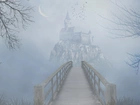 Most, Zamek, Mgła, Księżyc, Ptaki, Gałezie