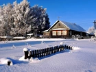Zima, Śnieg, Drzewa, Dom, Ogrodzenie