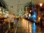 Miasto, Deszcz, Kobieta, Parasol