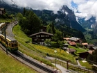 Domy, Kolej, Pociąg, Góry, Chmury, Lauterbrunnen, Szwajcaria