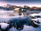 Zima, Góry, Jezioro, Drewniane Domki