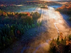 Jesień, Las, Rzeka, Mgła, Promienie Słońca, Z Lotu Ptaka
