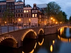 Amsterdam, Holandia, Most, Domy, Zmierzch