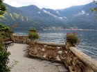 Jezioro Como, Włochy, Taras, Ławka, Kwiaty, Góry