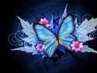 Grafika, Niebieski, Motyl, Kwiaty