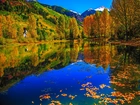Jesień, Jezioro, Drzewa, Góry, Odbicie