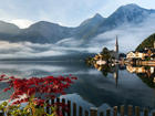 Jezioro, Alpy, Mgła, Domy, Hallstatt, Austria