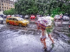 Deszcz, Miasto, Ludzie, Parasole, Samochody