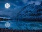 Księżyc, Noc, Jezioro, Góry