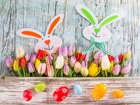 Wielkanoc, Kolorowe, Pisanki, Tulipany, Zajączki, Deska